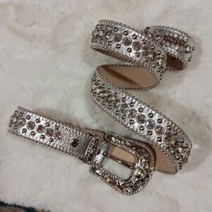 BB Simon silver leather crystal embellished sparkly belt XL